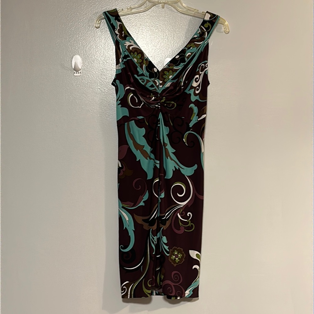 Muse dress brown light blue sleeveless V-neck size 8 elastic back pleated front